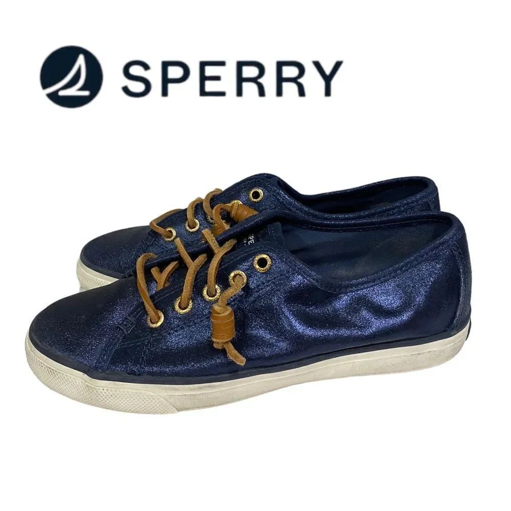SPERRY TOP-SIDER Seacoast Navy Metallic Leather Lace Boat Shoes Sneakers 8.5